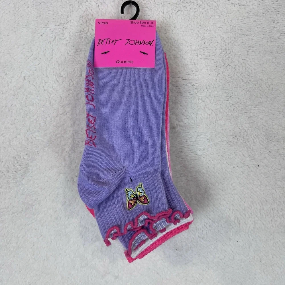 Betsey Johnson Womens Quarter Crew Socks 6 Pair Pink Purple White Gray Size 5-10